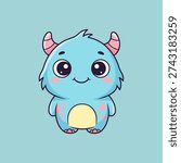 Cute blue monster with pink spots sitting cartoon character