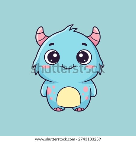 Cute blue monster with pink spots sitting cartoon character