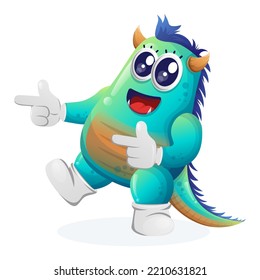 Cute blue monster playful with pointed hand. Perfect for kids, small business or e-Commerce, merchandise and sticker, banner promotion, blog or vlog channel
