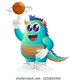 Cute blue monster playing basketball, freestyle with ball. Perfect for kids, small business or e-Commerce, merchandise and sticker, banner promotion, blog or vlog channel

