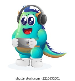 Cute blue monster playing game mobile, wearing headphones. Perfect for kids, small business or e-Commerce, merchandise and sticker, banner promotion, blog or vlog channel
