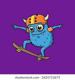 cute blue monster playing skateboard plain background