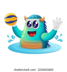 Un monstruo azul lindo jugando al waterpolo. Perfecto para niños, pequeñas empresas o comercio electrónico, mercadería y pegatinas, promoción de banners, blog o canal de vlog
