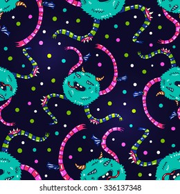 Cute Blue Monster run and shoots lightning. Wonderful seamless pattern for children who love adventure.