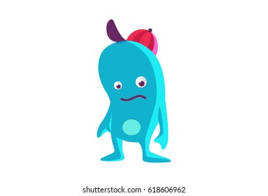 Cute Blue Monster Sad. Vector Illustration. Isolated on white background.