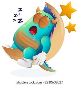 Cute blue monster sleeping, sleeping on the moon. Perfect for kids, small business or e-Commerce, merchandise and sticker, banner promotion, blog or vlog channel

