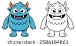 Cute Blue Monster Smile Cartoon Character Coloring Book For Kids Printable Outline Vector