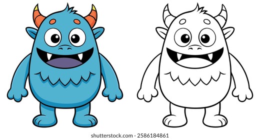 Cute Blue Monster Smile Cartoon Character Coloring Book For Kids Printable Outline Vector