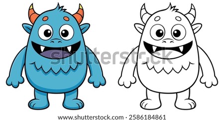 Cute Blue Monster Smile Cartoon Character Coloring Book For Kids Printable Outline Vector