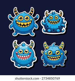 Cute Blue Monster Sticker Set with Horns and Funny Expressions
