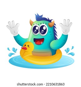 Cute blue monster swimming wearing rubber duck tube. Perfect for kids, small business or e-Commerce, merchandise and sticker, banner promotion, blog or vlog channel
