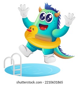 Cute blue monster swimming with wearing rubber duck tube. Perfect for kids, small business or e-Commerce, merchandise and sticker, banner promotion, blog or vlog channel
