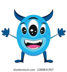 Monstruo azul lindo con tres dientes, cuernos azules y una sonrisa linda quiere abrazarse, estilo doodle