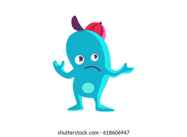 Cute Blue Monster Upset. Vector Illustration. Isolated on white background.