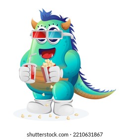 Cute blue monster watching movie with holding soda and popcorn. Perfect for kids, small business or e-Commerce, merchandise and sticker, banner promotion, blog or vlog channel
