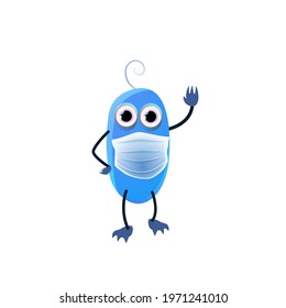 Cute blue monster waving hand, childish cartoon character wear masks to protect from COVID isolated on white