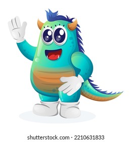 Cute blue monster waving hand. Perfect for kids, small business or e-Commerce, merchandise and sticker, banner promotion, blog or vlog channel
