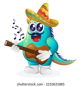 Cute blue monster wearing mexican hat with playing guitar. Perfect for kids, small business or e-Commerce, merchandise and sticker, banner promotion, blog or vlog channel
