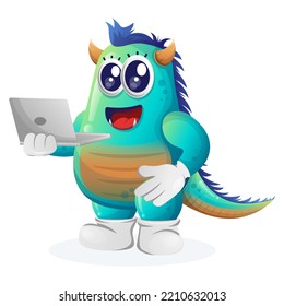 Cute blue monster working using a laptop. Perfect for kids, small business or e-Commerce, merchandise and sticker, banner promotion, blog or vlog channel
