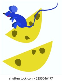A cute blue mouse on chunks of yellow cheese. This logotype can be used for milk production companies. Vector illustration, isolated.