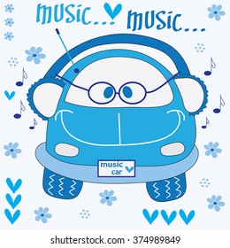 cute blue music car with hearts and flowers vector illustration