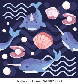 Cute blue narwhal with abstract waves on background and shells with pearl cartoon animal design vector illustration seamless pattern