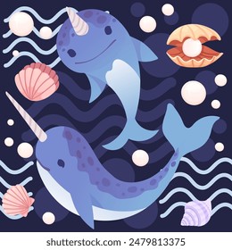 Cute narval azul con ondas abstractas en el fondo y conchas con la Ilustración vectorial de diseño animal de la historieta de la perla sin patrón