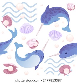 Cute blue narwhal with abstract waves on background and shells with pearl cartoon animal design vector illustration seamless pattern