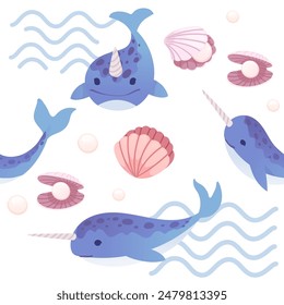 Cute blue narwhal with abstract waves on background and shells with pearl cartoon animal design vector illustration seamless pattern