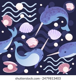 Cute blue narwhal with abstract waves on background and shells with pearl cartoon animal design vector illustration seamless pattern