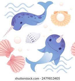 Cute blue narwhal with abstract waves on background and shells with pearl cartoon animal design vector illustration seamless pattern