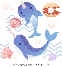 Cute blue narwhal with abstract waves on background and shells with pearl cartoon animal design vector illustration seamless pattern