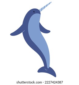 Cute blue narwhal character, funny ocean animal with horn, sea unicorn, flat vector illustration isolated on white background