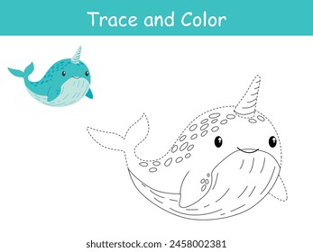 Cute blue narwhal undersea, sea life trace and coloring book or coloring page. Vector illustration