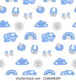 Cute blue newborn boy seamless pattern for baby shower hand drawn style. Baby design for poster, invitation, scrapbook.