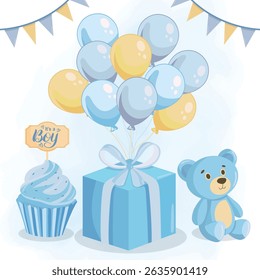 Cute blue newborn greeting card for baby announcement with playful design elements, perfect for welcoming a baby boy


