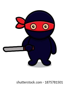 cute blue ninja mascot character holding knife. design isolated on white background.