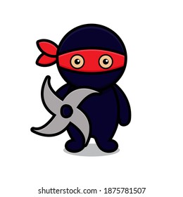 cute blue ninja mascot character holding shuriken. design isolated on white background.