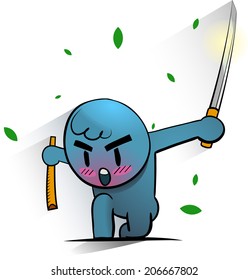 Cute blue ninja took up his sword against somebody