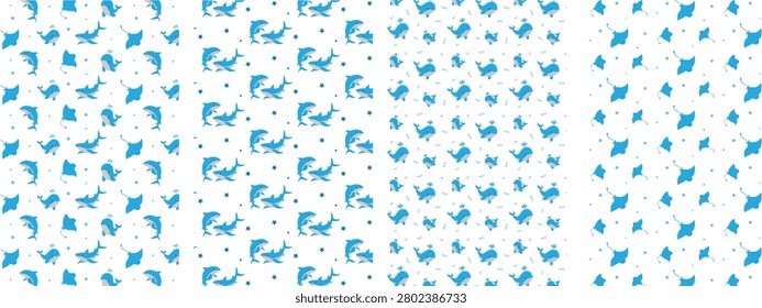Cute blue ocean seamless pattern vectore set with shark, whale and stingray characters