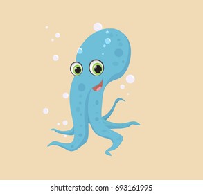 Cute Blue Octopus Cartoon Smiling