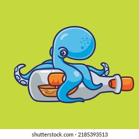 cute blue octopus found a bottle with miniature of ship inside. isolated cartoon animal nature illustration. Flat Style Sticker Icon Design Premium Logo vector. Mascot Character