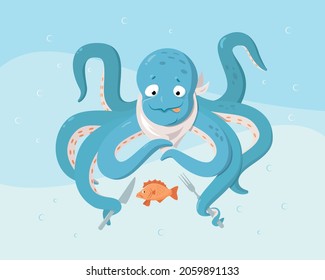 Cute blue octopus is going to eat fish. Meal concept.