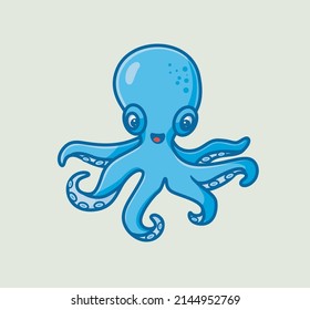 cute blue octopus happy. isolated cartoon animal nature illustration. Flat Style Sticker Icon Design Premium Logo vector. Mascot Character