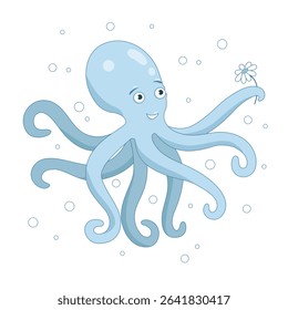 Cute blue octopus holding a flower. Vector illustration in cartoon style. Adorable sea creature for kids’ designs, nursery decor, baby products, or educational materials. Isolated.