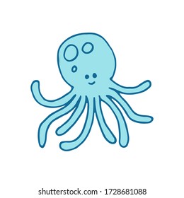 Cute Blue Octopus Isolated Doodle Outline Vector Illustration 