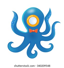 Cute blue octopus isolated on white. Vector illustration.
