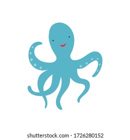 Cute blue octopus on a white background in a flat style. Vector illustration