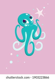 Frisch blauer Tintenfisch auf rosafarbenem Hintergrund, Vektorgrafik, Meerestefe für Kinderplakate im Inneren, Design von gedruckten Produkten, Postkarten, Kalender, Stoffdruck. 