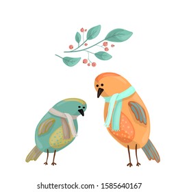 Cute blue and orange bird in scarf , green twig with red berries drawn in cartoon style. Copy space.